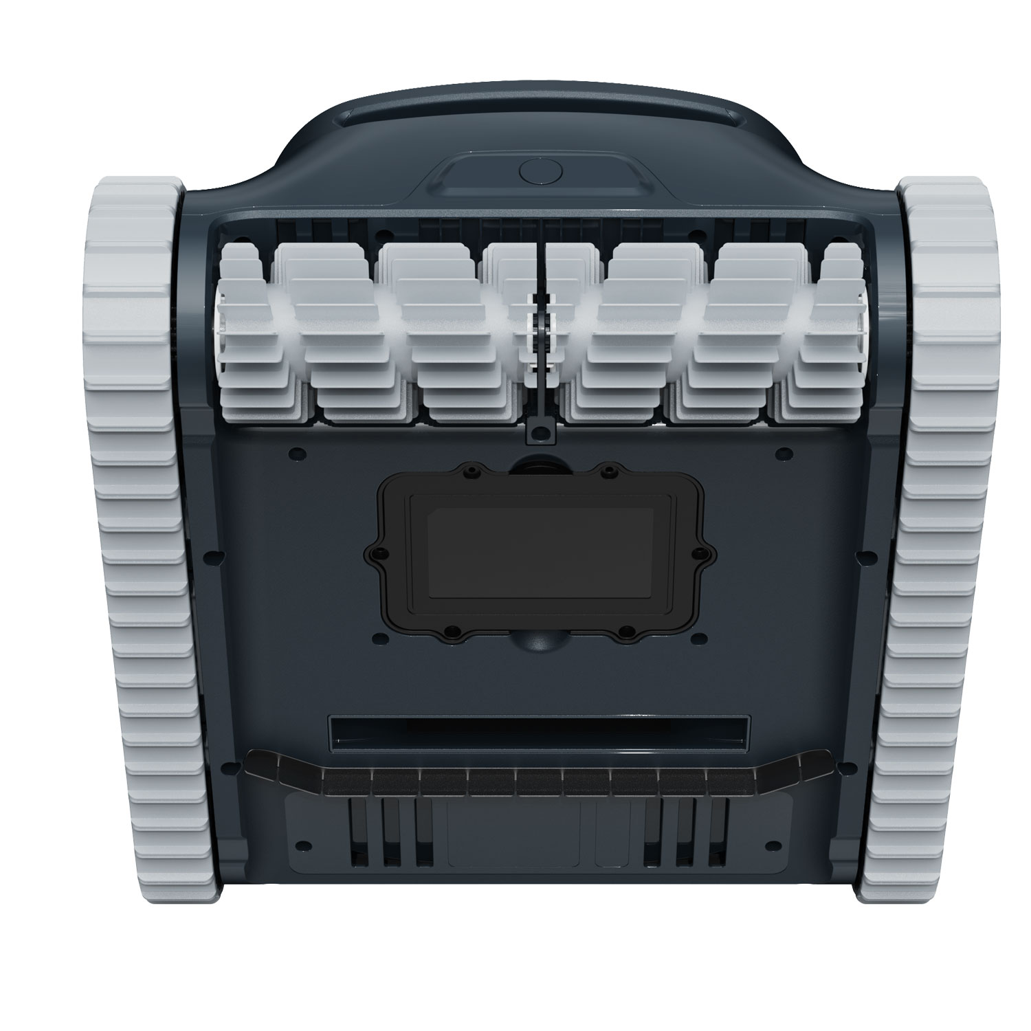 Unteransicht eines automatischen Poolreinigers mit sichtbaren Laufflächen und Scheuerbürsten.