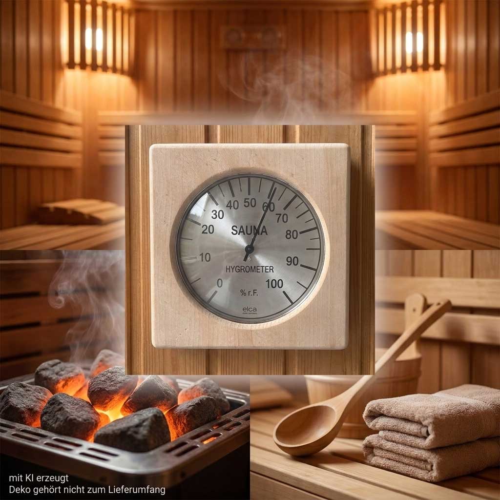 Quadratisches Sauna-Hygrometer aus Holz mit runder Analoganzeige zur Messung der Luftfeuchtigkeit.