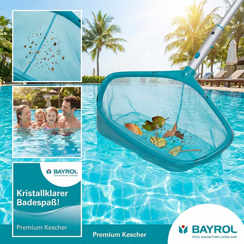 Pool-Skimmernetz mit Blättern und Schmutz in klarem Wasser.