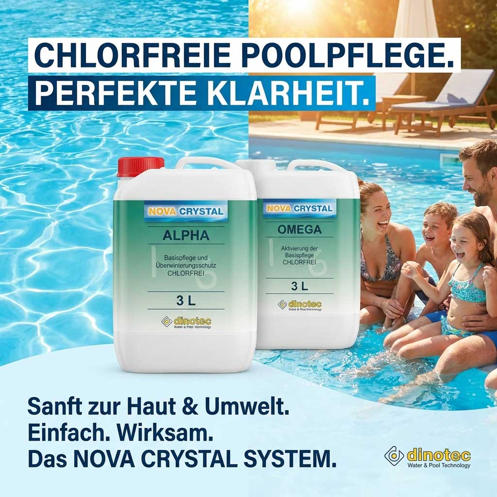 Das Bild zeigt die Poolchemikalien Alpha und Omega Nova Crystal und eine Familie in einem Schwimmbad.