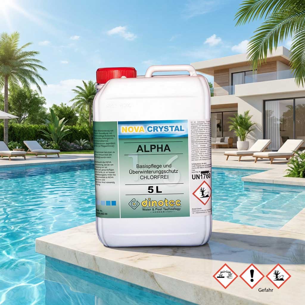 5-Liter-Poolwartungsbehälter am Poolrand.