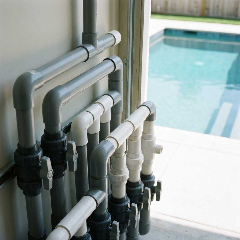 Pool-Sanitärsystem mit grauen und weißen PVC-Rohren und Ventilen vor einer weißen Wand.
