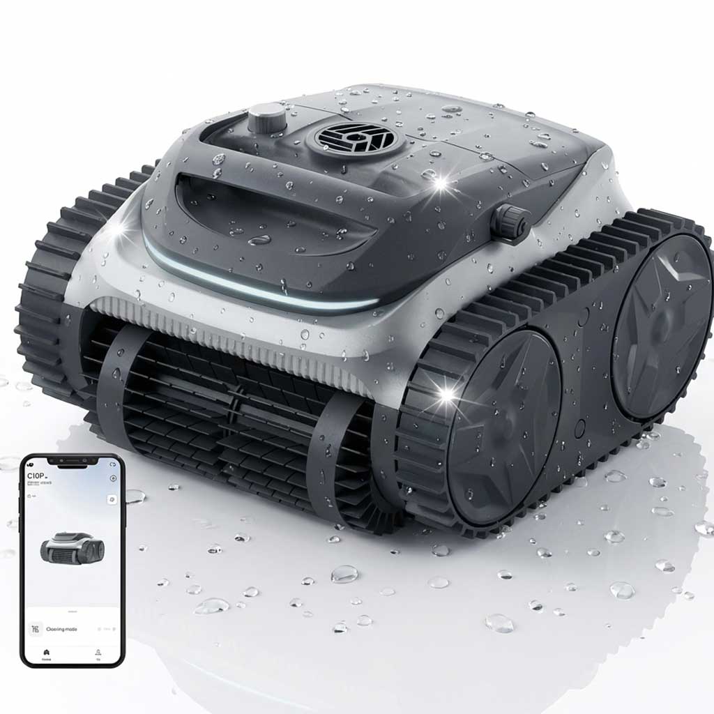 Roboter-Poolreiniger mit Wassertropfen auf der Oberfläche, neben einem Smartphone, auf dem seine App angezeigt wird.