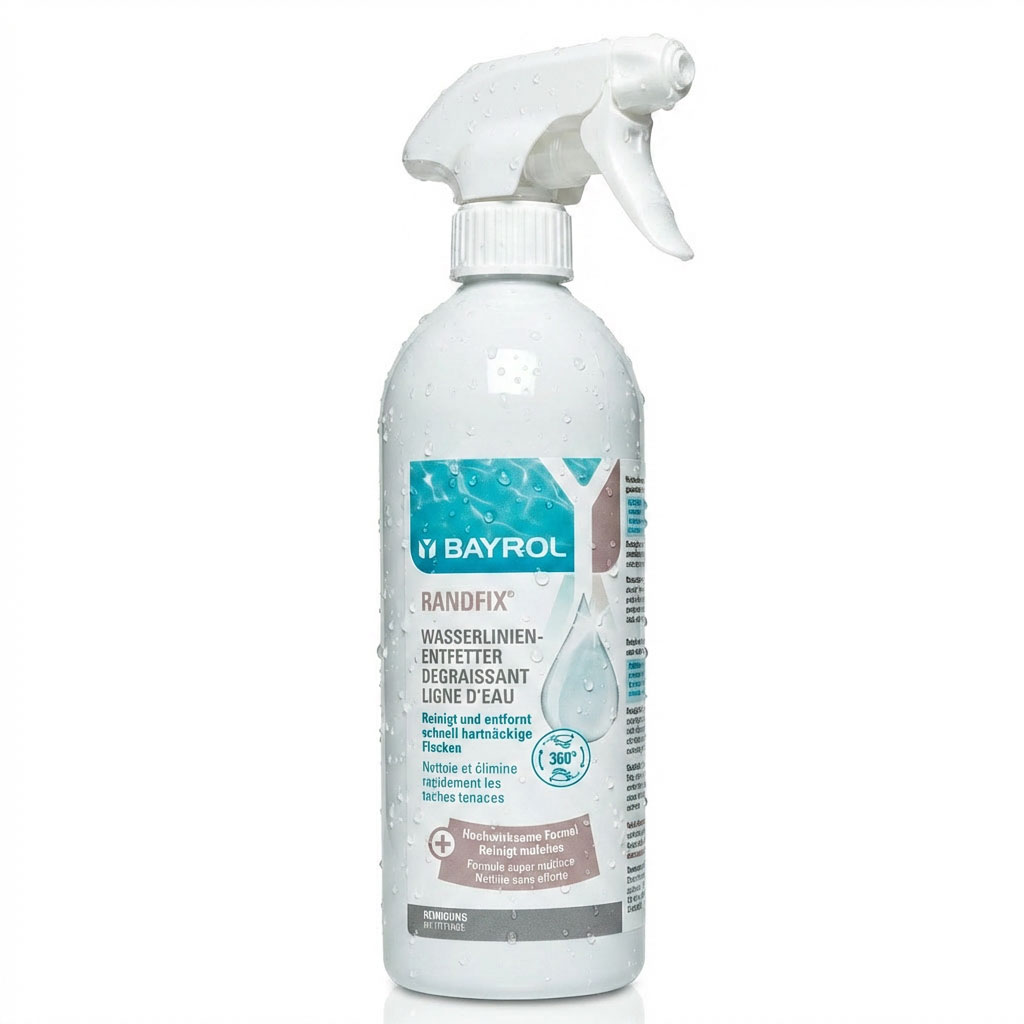 Flasche Wasserleitungsreiniger mit Sprühdüse und Kondensationstropfen.