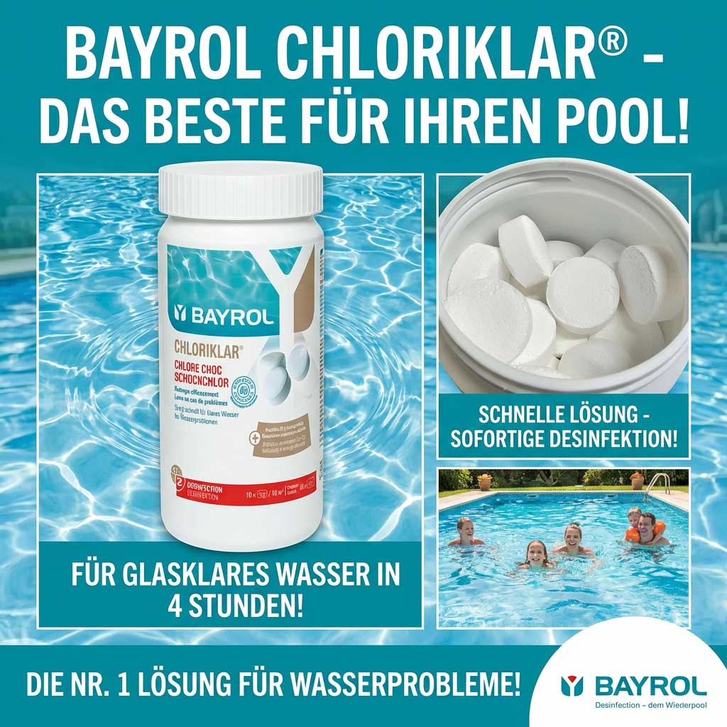 Bayrol Chloriklar Pool-Desinfektionstabletten in einem Behälter, mit Nahaufnahme von Tabletten und schwimmenden Kindern.