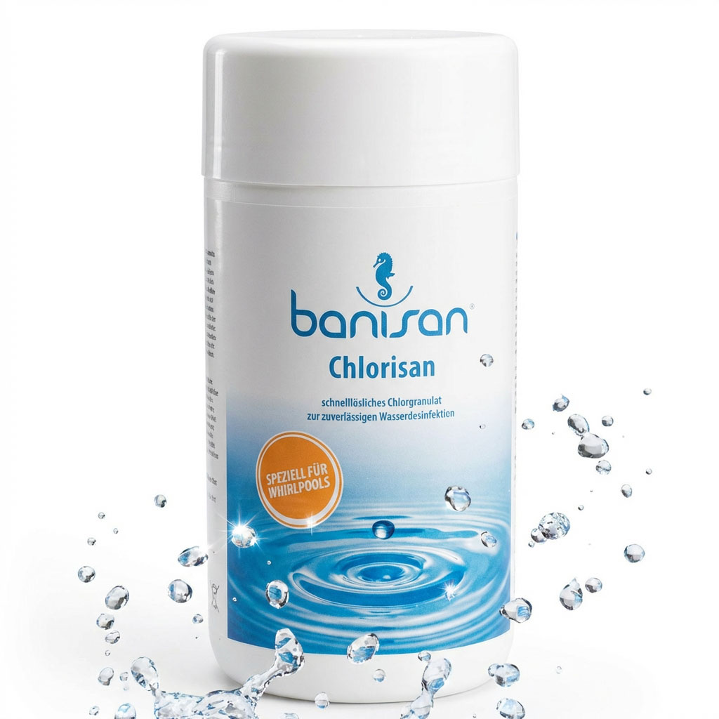 Behälter mit schnelllöslichem Chlorgranulat zur Wasserdesinfektion.