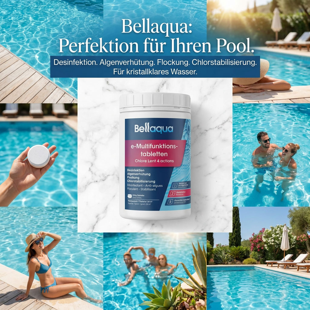 Pool mit klarem Wasser und Multifunktionstabletten zur Pflege.