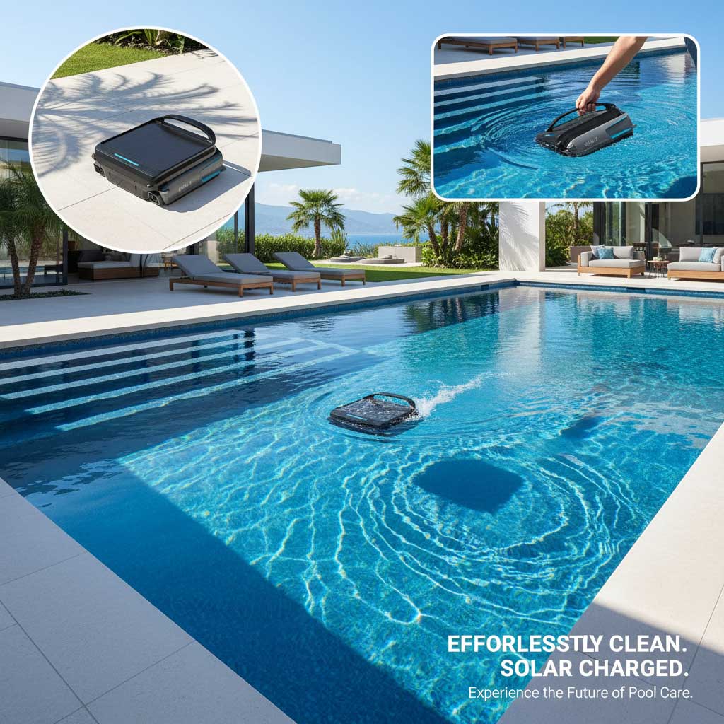 Solarbetriebener Poolreiniger für den Einsatz in einem modernen Pool.