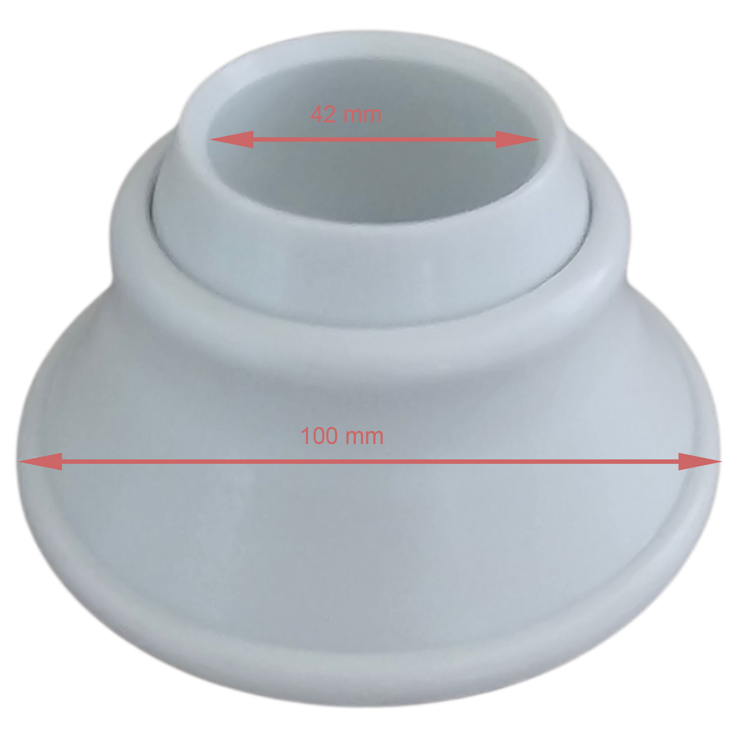 Eine weiße Pool-Einlaufdüse aus Kunststoff mit Maßmarkierungen für die Durchmesser 42 mm und 100 mm.