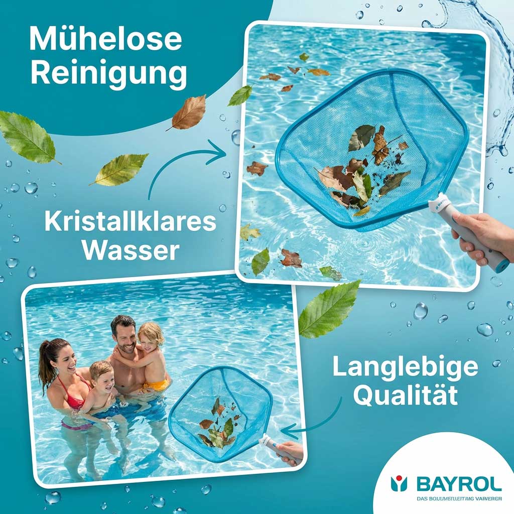 Poolreinigungsnetz entfernt Blätter aus klarem Wasser.