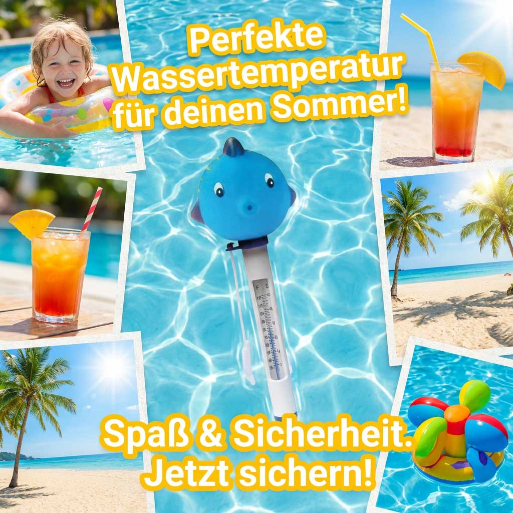 Schwimmendes Poolthermometer in klarem Wasser mit blauem Fischdesign.