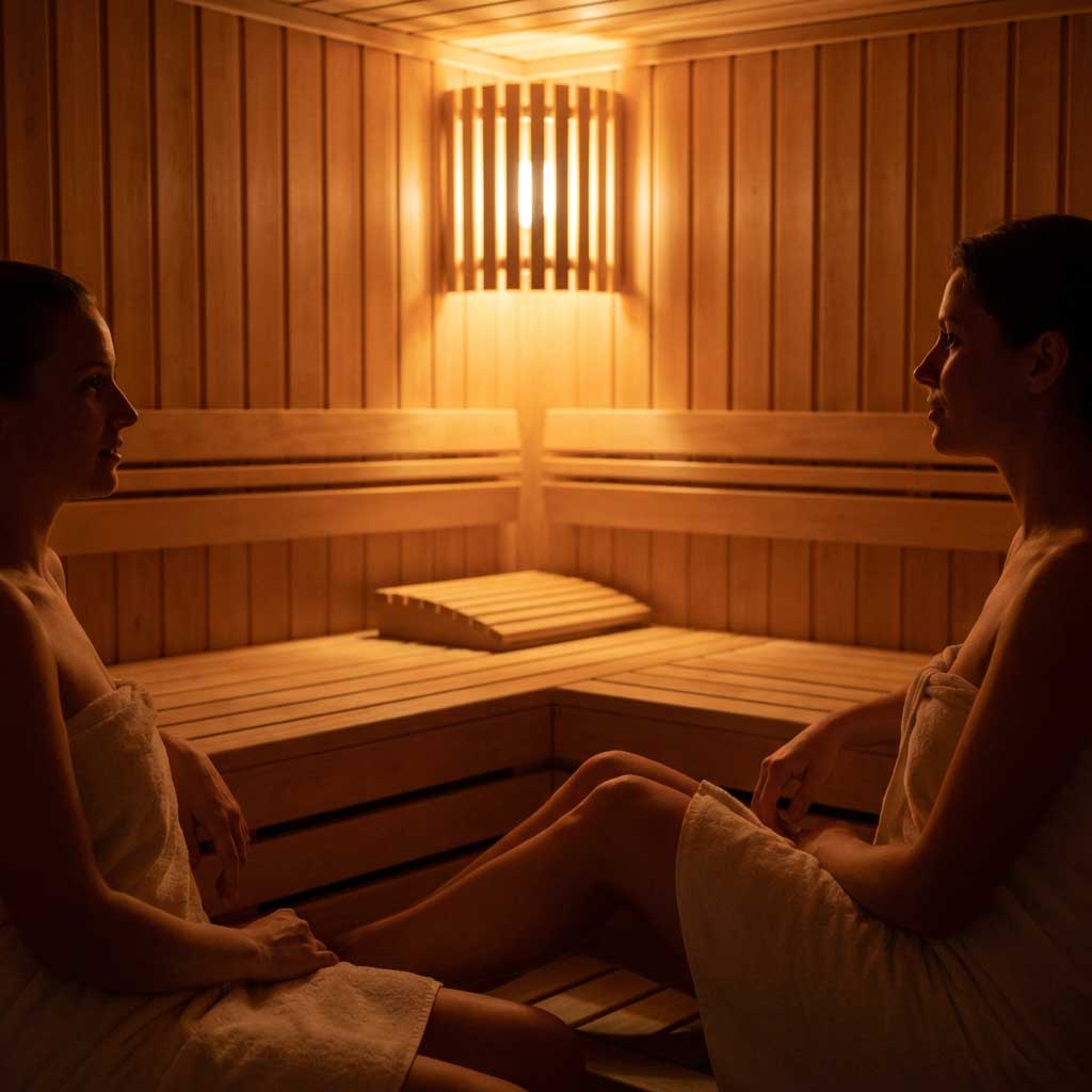Zwei Frauen entspannen sich in einer Holzsauna mit Bänken und einer Lamellenleuchte.