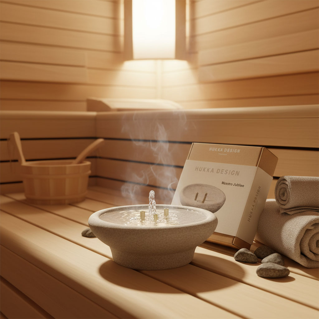 Ein Sauna-Interieur mit einer Steinschüssel mit dampfendem Wasser, einem Holzeimer und gerollten Handtüchern.