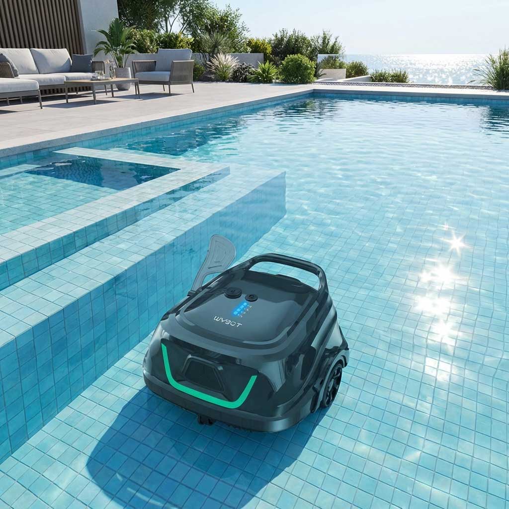 Automatischer Poolreiniger in einem gefliesten Schwimmbad mit klarem Wasser.