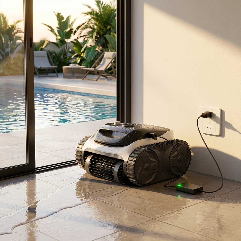 Roboter-Poolreiniger, der im Innenbereich neben einem Pool mit Sicherheitsabdeckung aufgeladen wird.