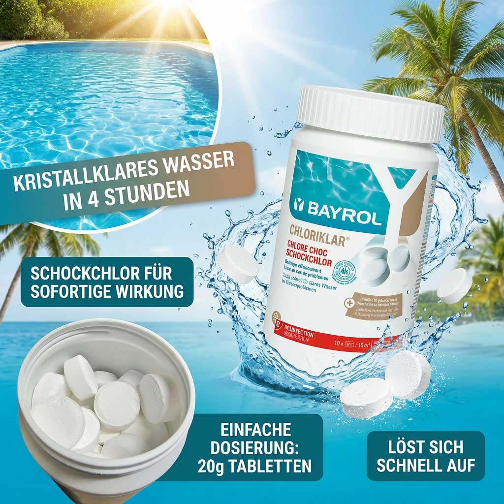 Weißer Behälter mit Bayrol Chloriklar Schock-Chlortabletten mit Wasserspritzern und einem Pool.