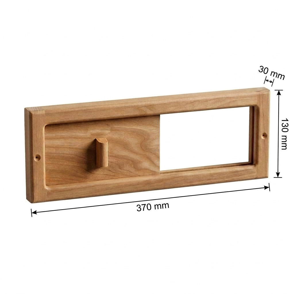 Rechteckiger Lüftungsschieber aus Holz mit den Maßen 370 mm x 130 mm und 30 mm Tiefe.