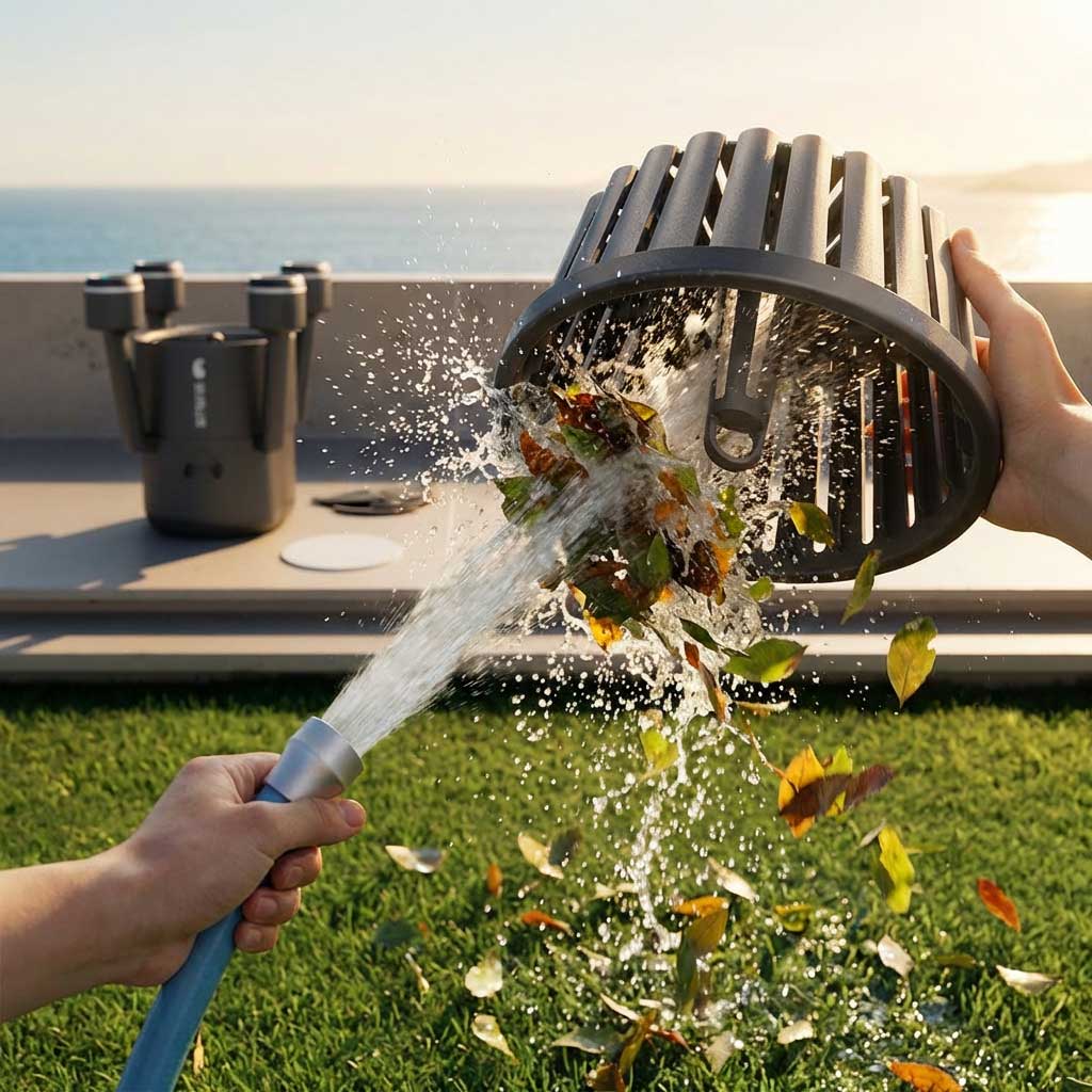 Eine Person reinigt einen dunkelgrauen Pool-Skimmerkorb mit einem blauen Gartenschlauch und entfernt Blätter und Schmutz.