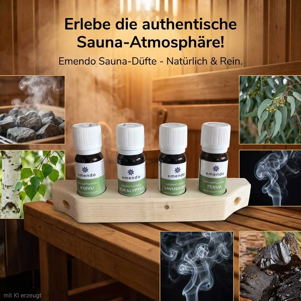 Vier kleine Flaschen Saunaduftöl, angeordnet in einem Holzhalter auf einer Holzbank.