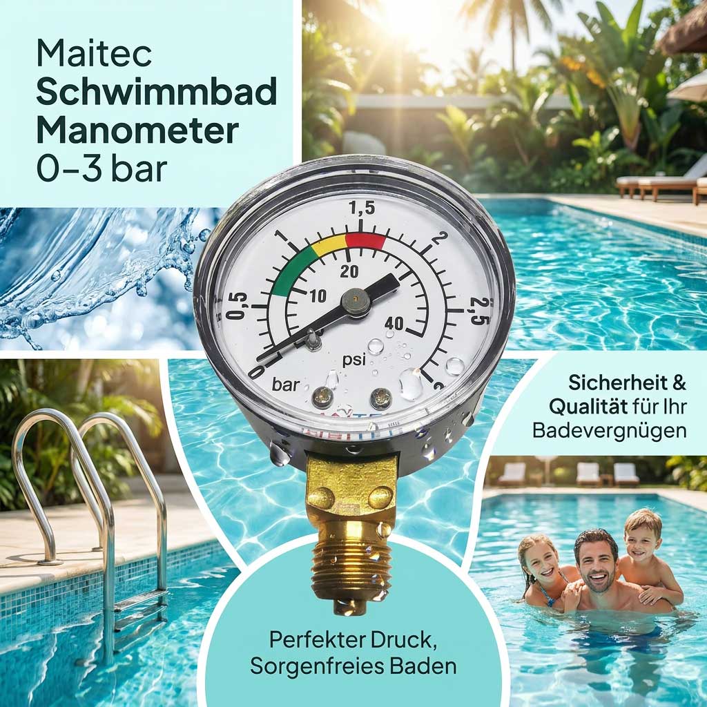 Schwimmbadmanometer mit Druckanzeige von 0 bis 3 bar.