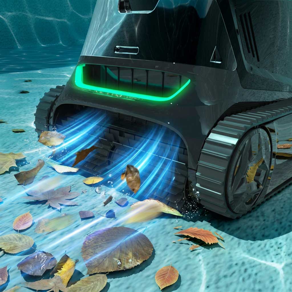 Poolreiniger entfernt Blätter und Schmutz aus dem Wasser.