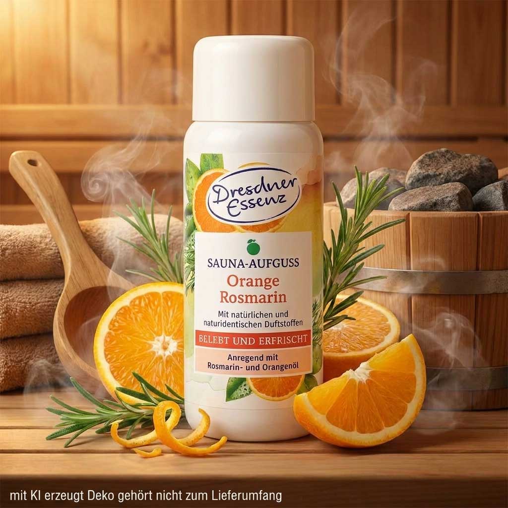 Eine weiße Plastikflasche Dresdner Essenz Saunaaufguss mit Orangen- und Rosmarinduft.