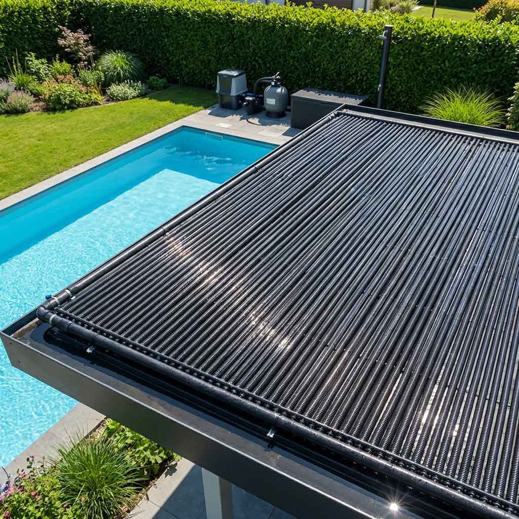 Das Bild zeigt einen Swimmingpool, der mit einer schwarzen Solar-Poolheizung ausgestattet ist und in einem Wohngebiet im Freien liegt.