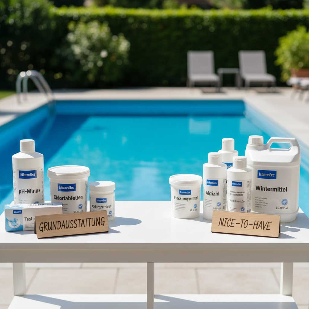 Produkte zur Poolpflege, darunter pH-Regler, Chlortabletten, Algizide und winterfeste Chemikalien.