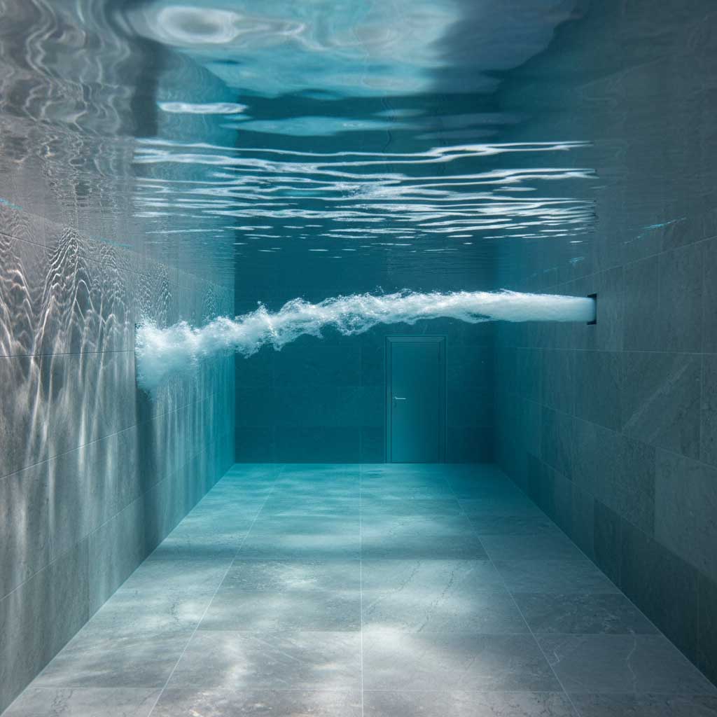 Unterwasseransicht eines gefliesten Pools mit Wasserstrahl und einer Tür am Ende des Pools.