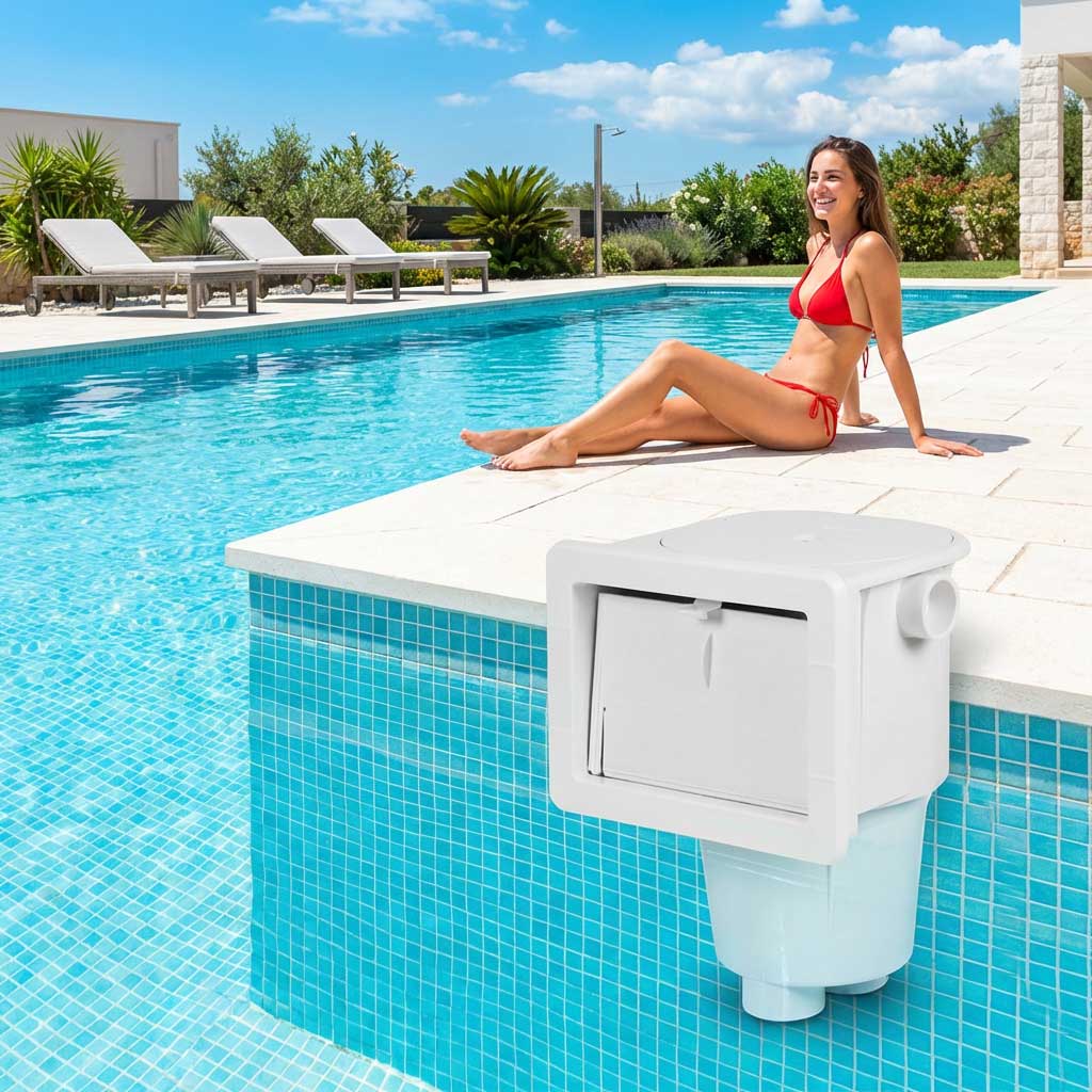 Weißer Poolskimmer, installiert in einem gefliesten Swimmingpool, mit einer Frau, die sich am Pool entspannt.