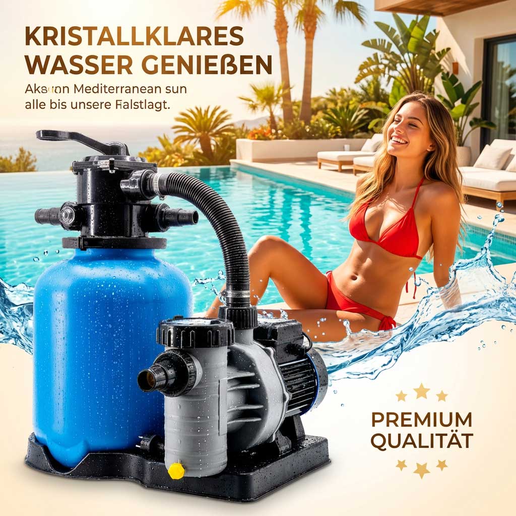 Schwimmbadpumpe mit blauem Filter und Schläuchen neben einem Pool.