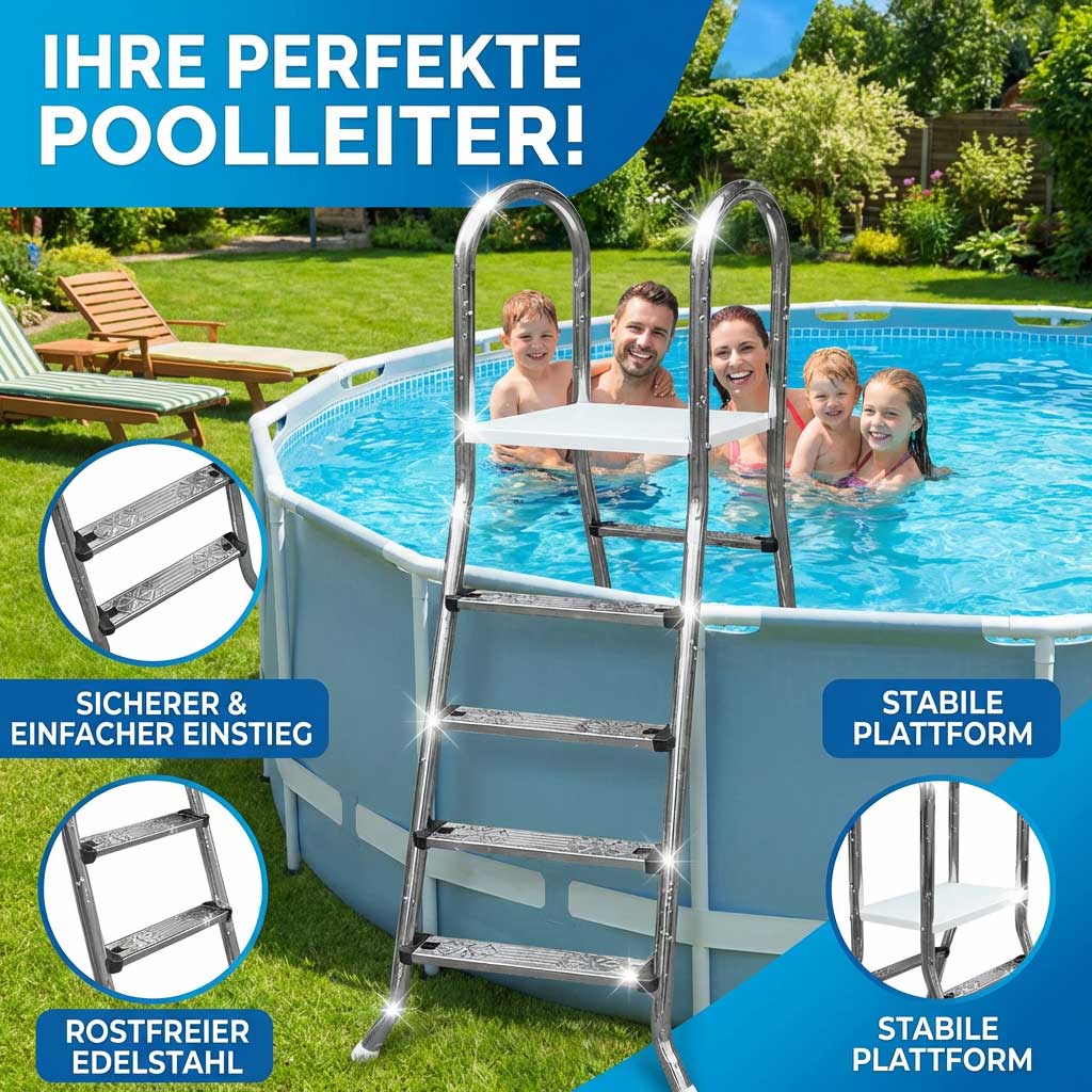 Poolleiter aus Edelstahl mit stabiler Plattform neben einem oberirdischen Pool.