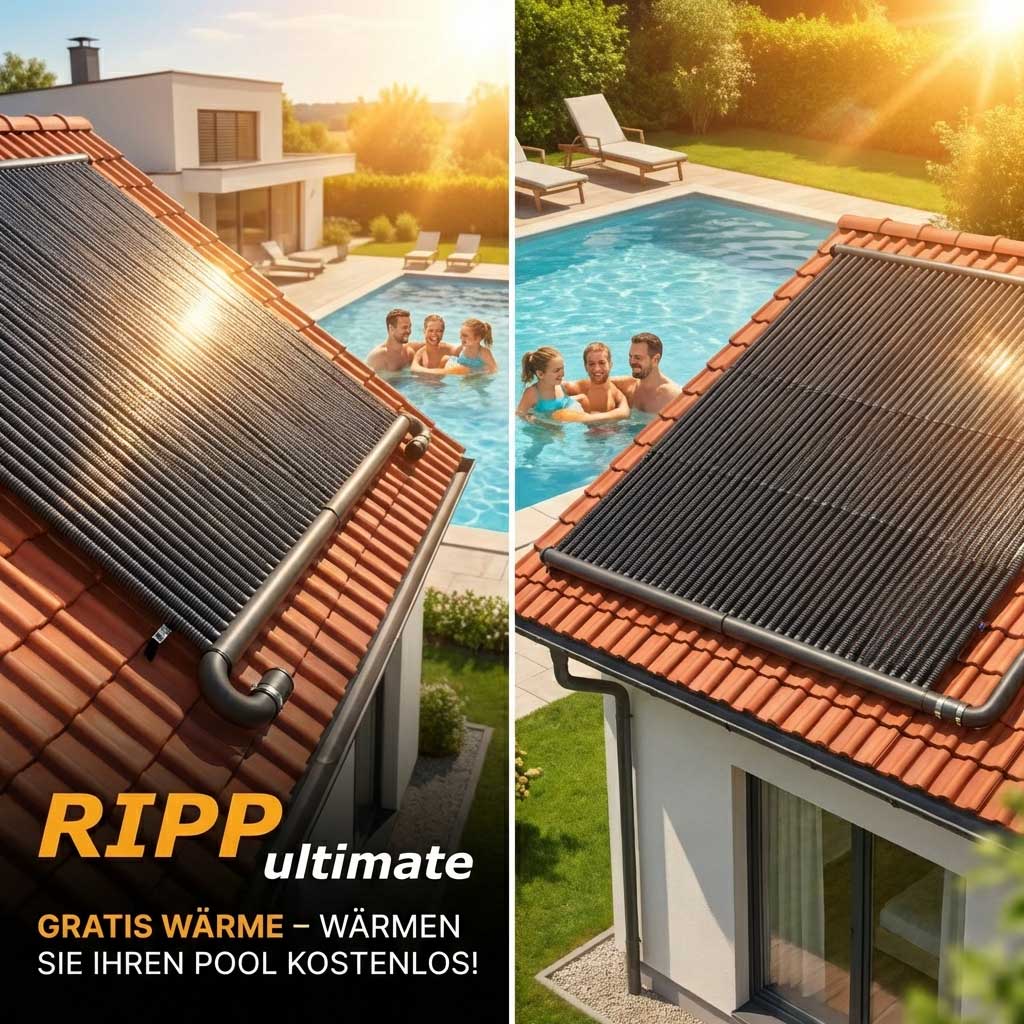 Das Bild zeigt eine Solar-Poolheizung auf dem Dach eines Wohngebäudes in der Nähe eines Schwimmbades.