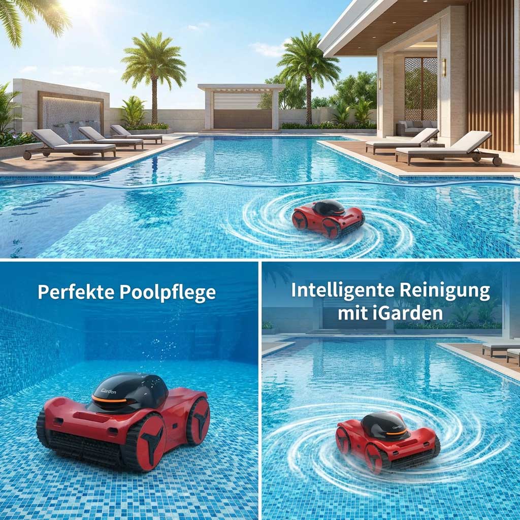 Roter Roboter-Poolreiniger im modernen Schwimmbad.