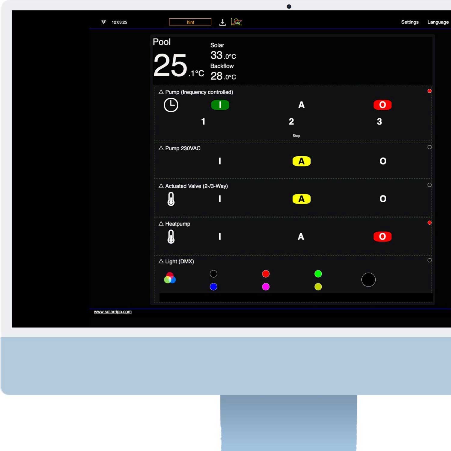Schnittstelle zur Anzeige der Pooltemperatur, des Pumpenstatus, der Ventilsteuerung und der Beleuchtungssteuerung.