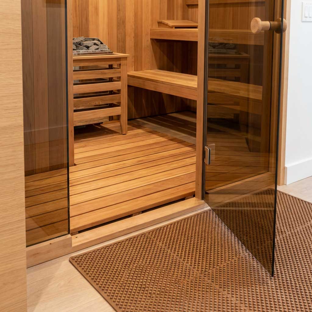 Innenansicht einer Holzsauna mit Bänken, Steinofen, Glastür und strukturierter Bodenmatte.