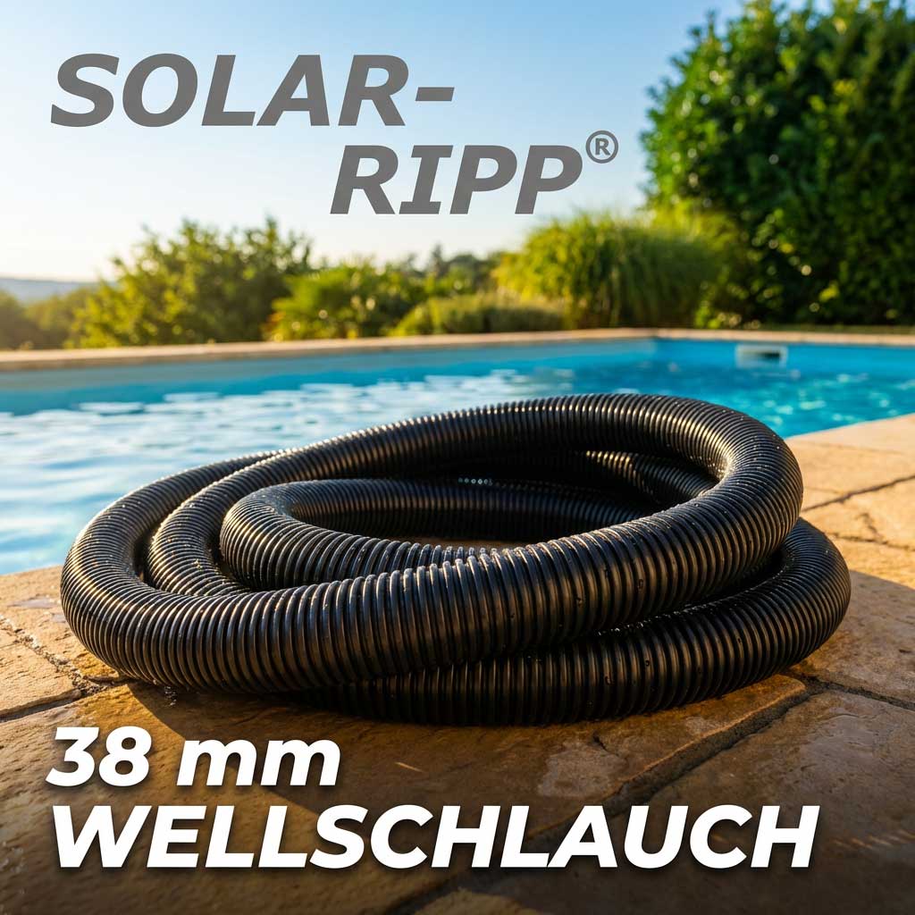 Bild eines aufgerollten, schwarzen 38-mm-Wellschlauchs, der in der Nähe eines Schwimmbadrandes im Freien verlegt ist.