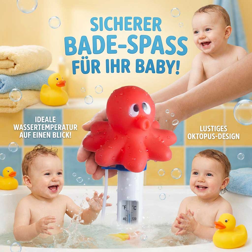 Rotes Badethermometer in Oktopusform zur Überwachung der Wassertemperatur.