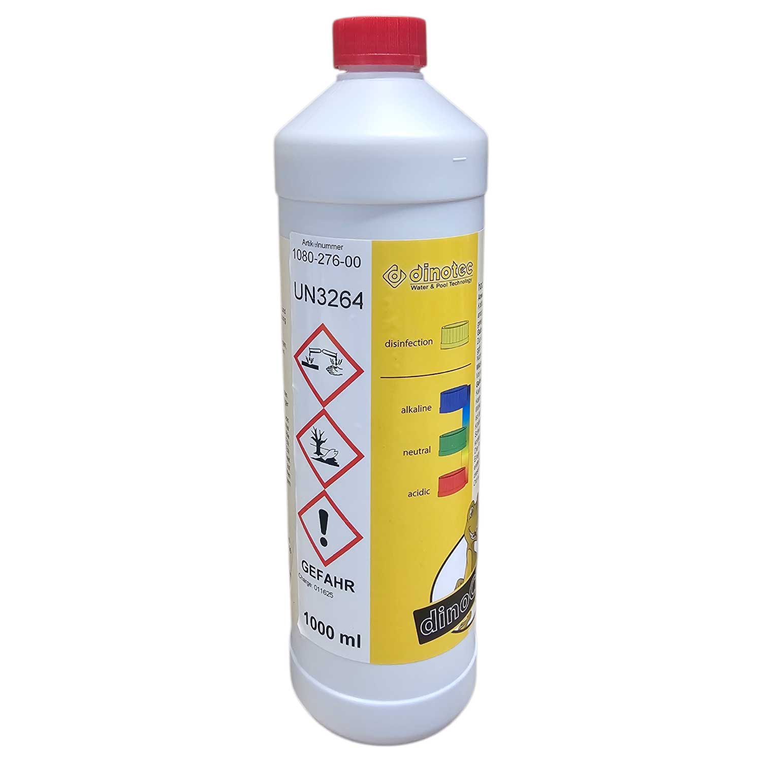 1-Liter-Flasche Wasseraufbereitungs-Desinfektionsmittel mit Gefahrensymbolen.