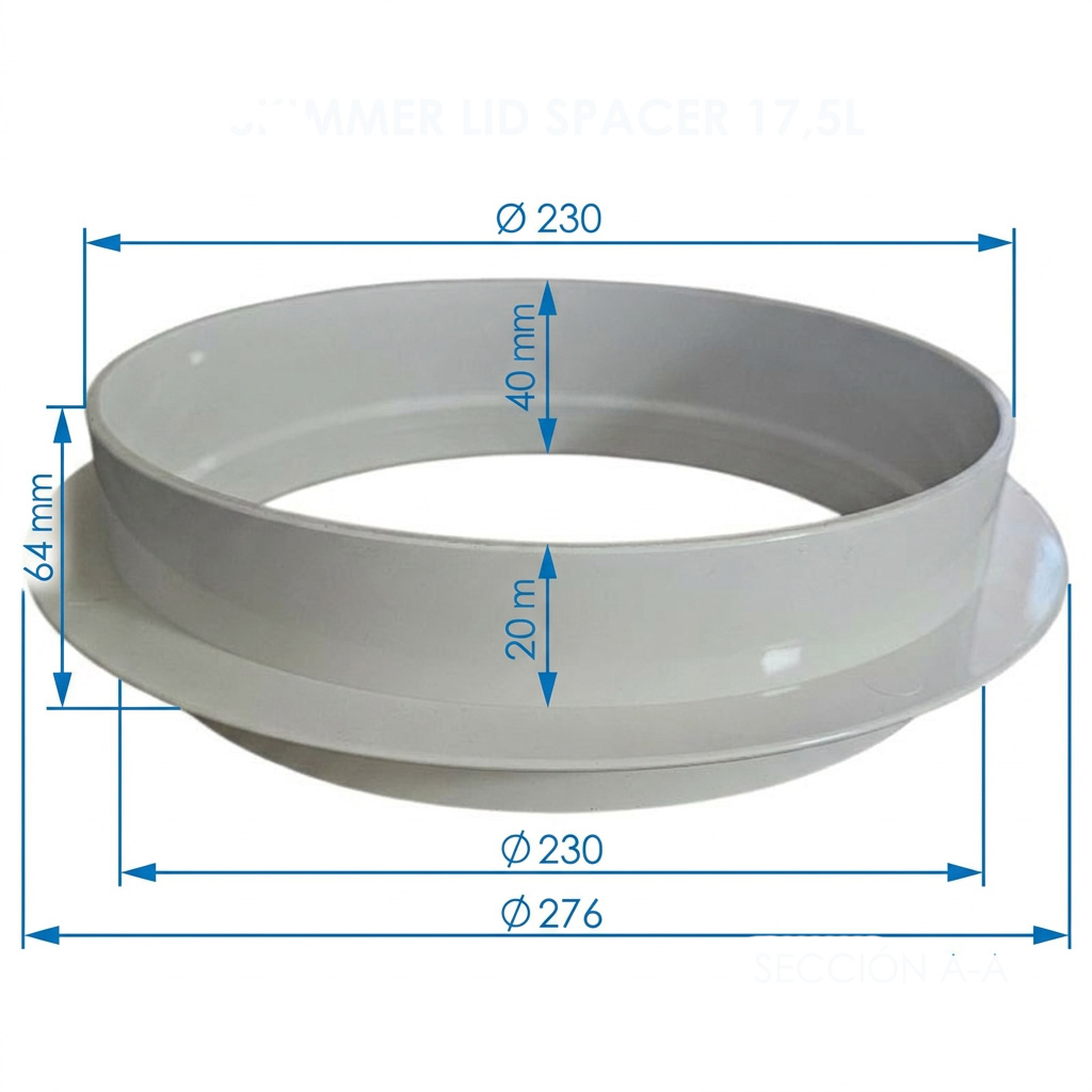 Skimmerdeckel-Abstandshalter mit den Abmessungen 230 mm Durchmesser und 64 mm Höhe.