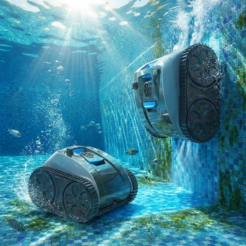 Zwei Roboter-Poolreiniger, einer auf dem Poolboden und einer an der gefliesten Wand hochkletternd.
