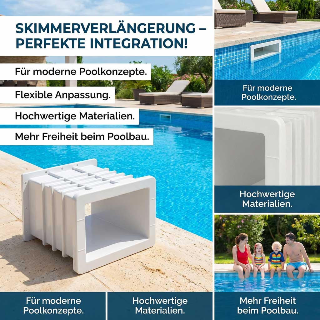 Weiße Skimmer-Erweiterung für moderne Poolkonzepte, gefertigt aus hochwertigen Materialien, abgebildet in der Nähe eines Pools.