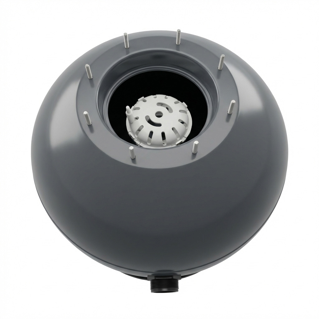 Graues Industriebauteil mit zentralem Mechanismus und mehreren Bolzen.