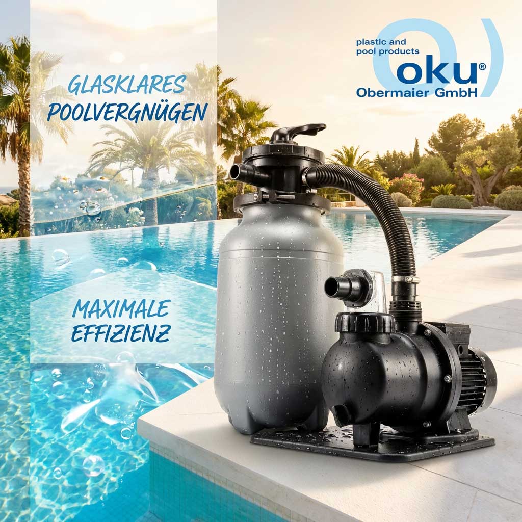 Poolpumpe und Filteranlage neben einem Swimmingpool mit klarem Wasser.