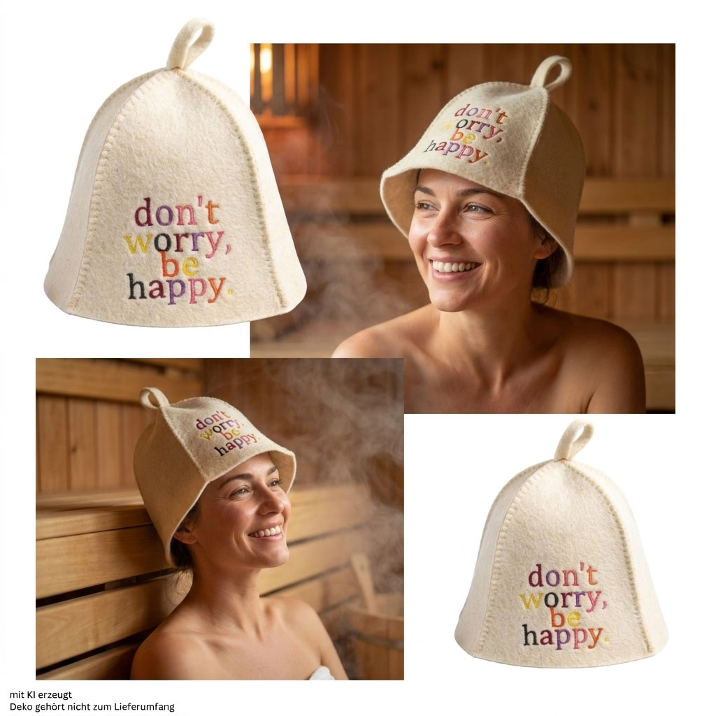 Ein beiger Filz-Saunahut mit dem gestickten Text „Don’t care, be happy“.