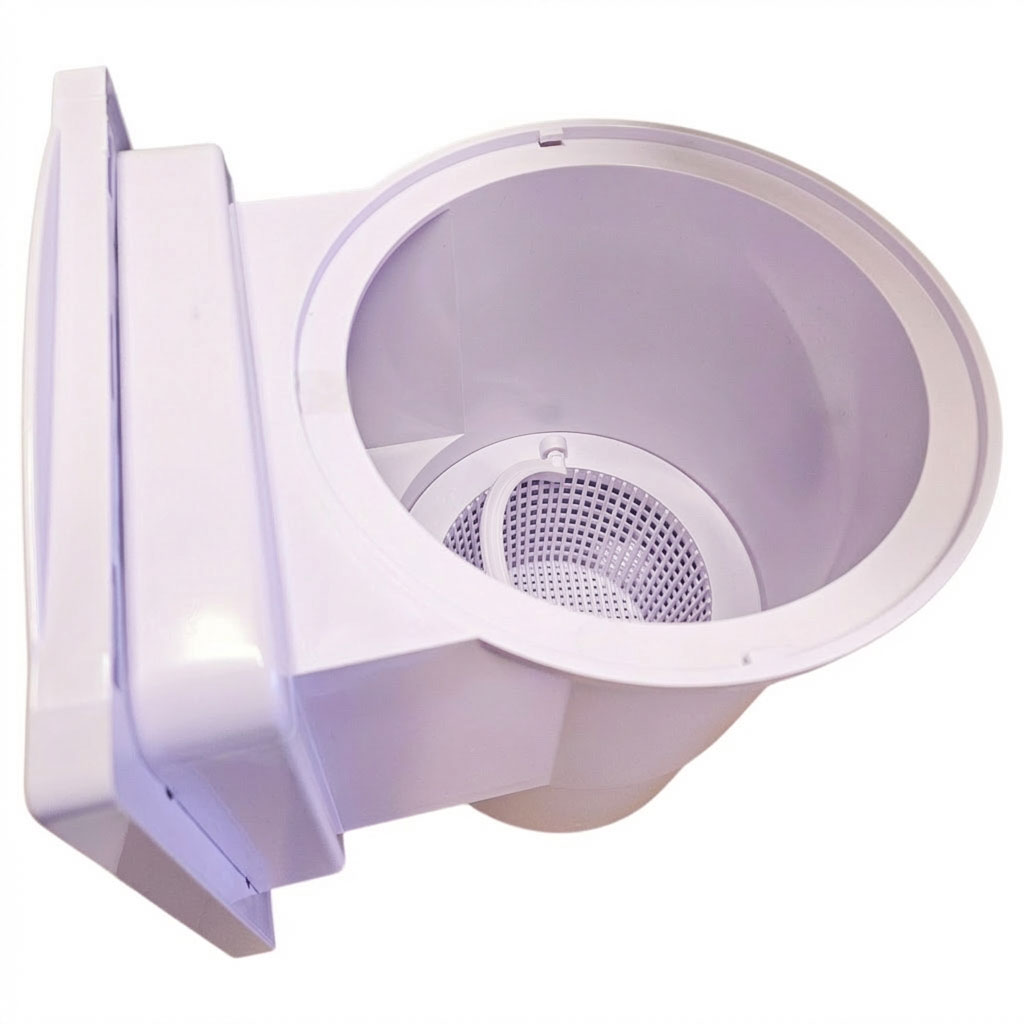 Weißer Poolskimmer mit runder Öffnung und einem Netzfilter im Inneren.