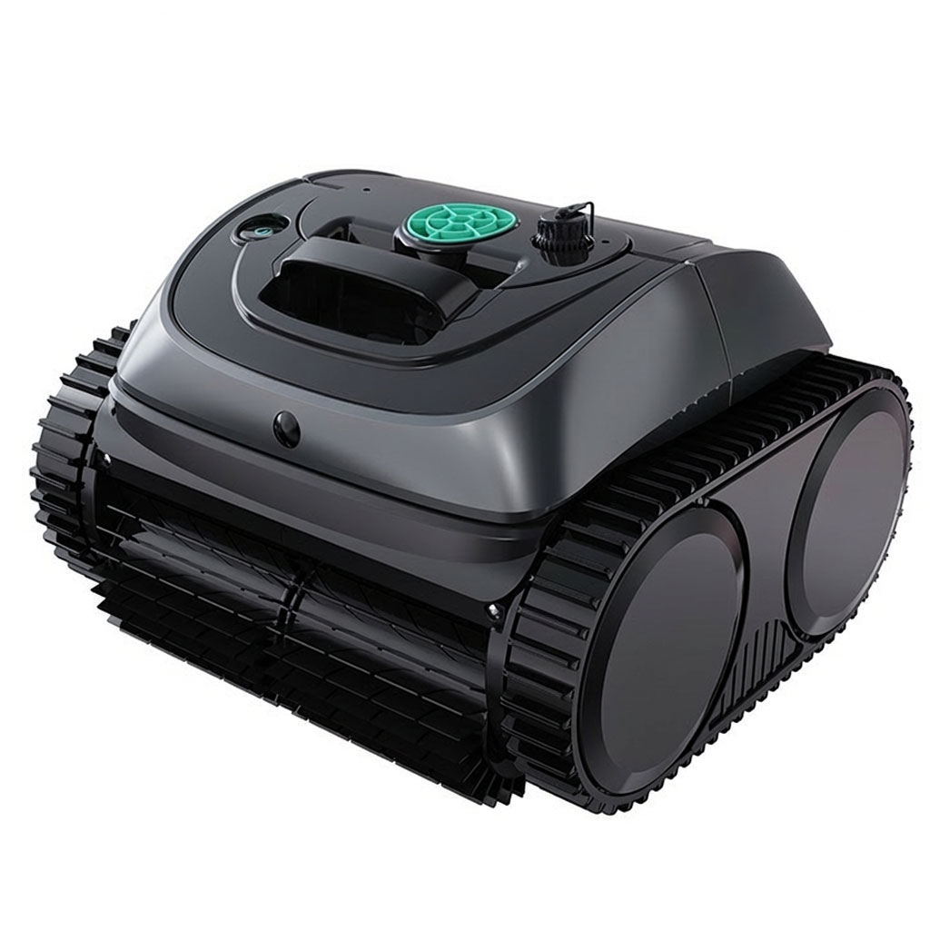 Automatisierter Poolreiniger mit Schienen und Bedienfeld zum Reinigen von Pools.