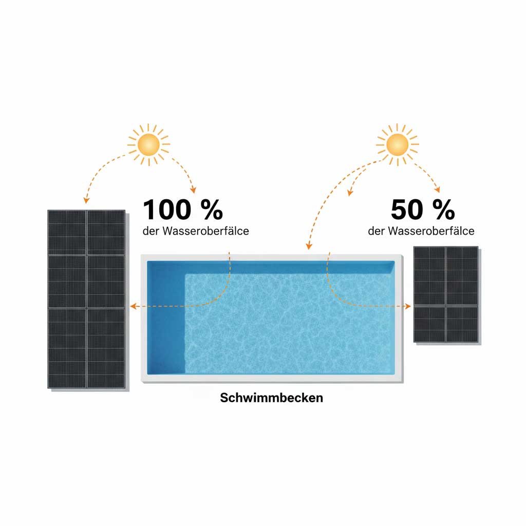 Das Diagramm zeigt die Wasseroberfläche eines Schwimmbades mit einer Solarpanel-Abdeckung von 100 % und 50 %.