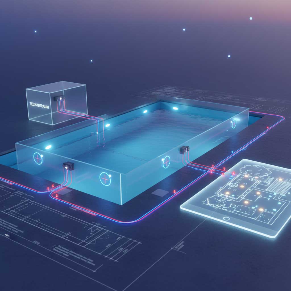 Die Abbildung zeigt ein rechteckiges Schwimmbad mit Verkabelung, einer Steuereinheit und Plänen auf einem Tablet.