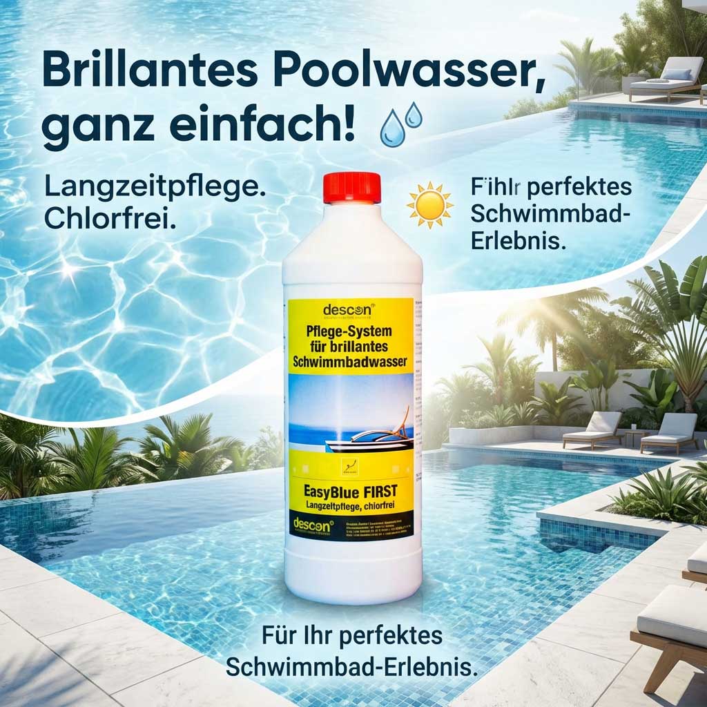 Eine Flasche Poolpflegesystem steht vor einem Schwimmbecken.